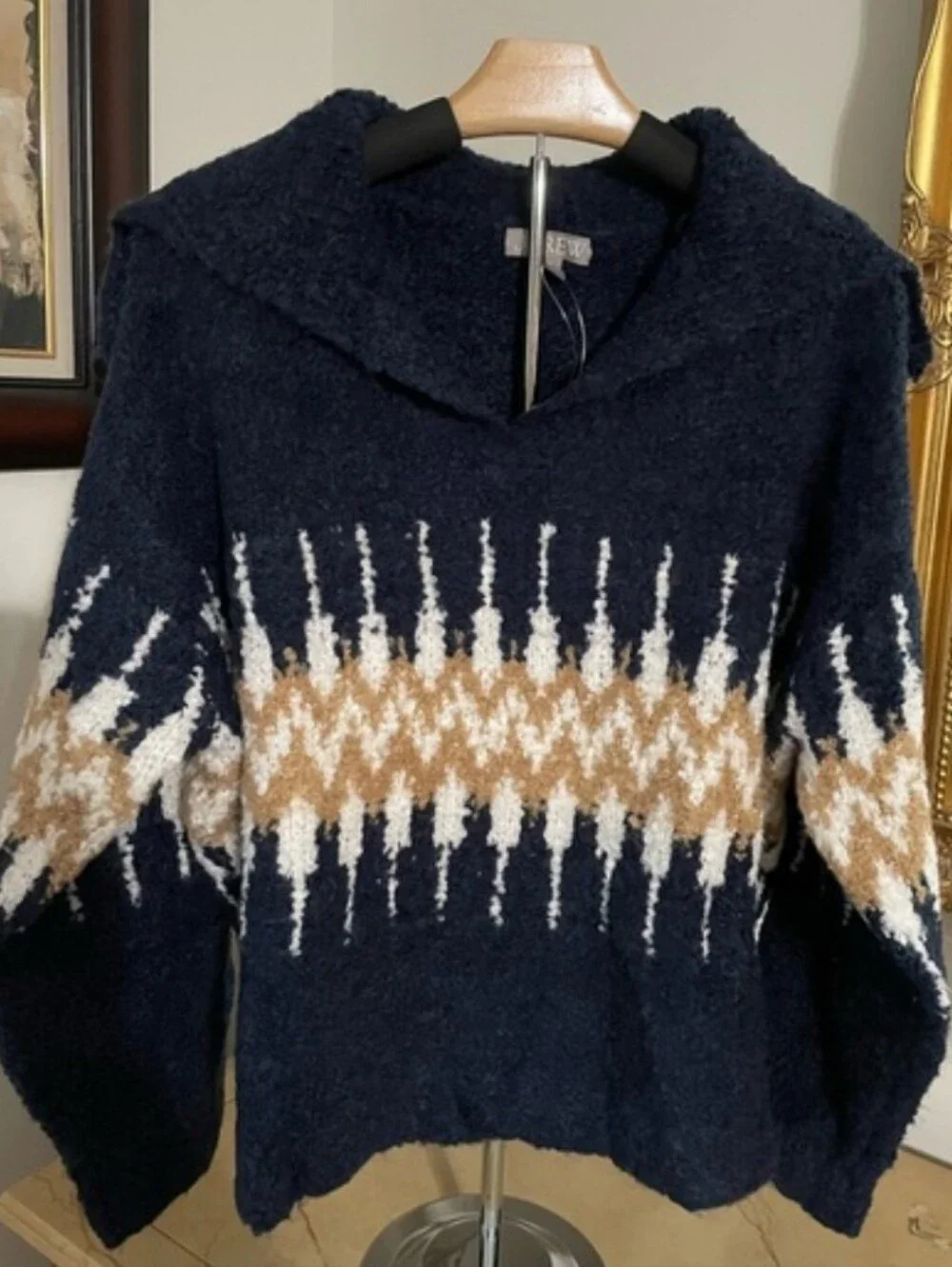 J. Crew Fair Isle Johnny-Collar Sweater Bouclé Yarn Blue Multi NWT